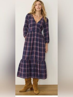 Marine Layer Maeve Plaid Tiered Midi Dress Navy Burgundy Small